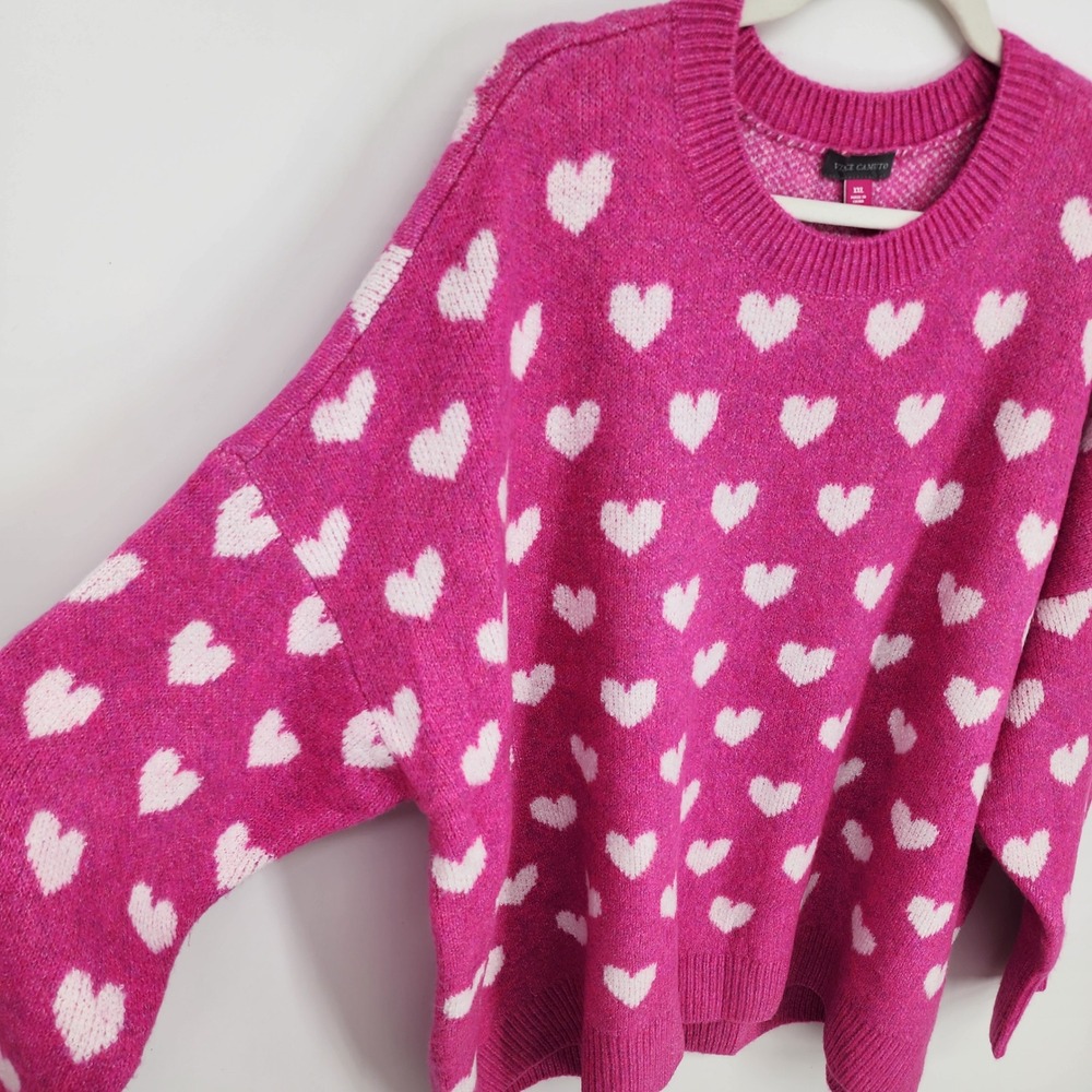 Vince Camuto Heart Print Pullover Sweater Womens XXL Pink Crew Neck Relaxed Fit - Picture 4 of 9